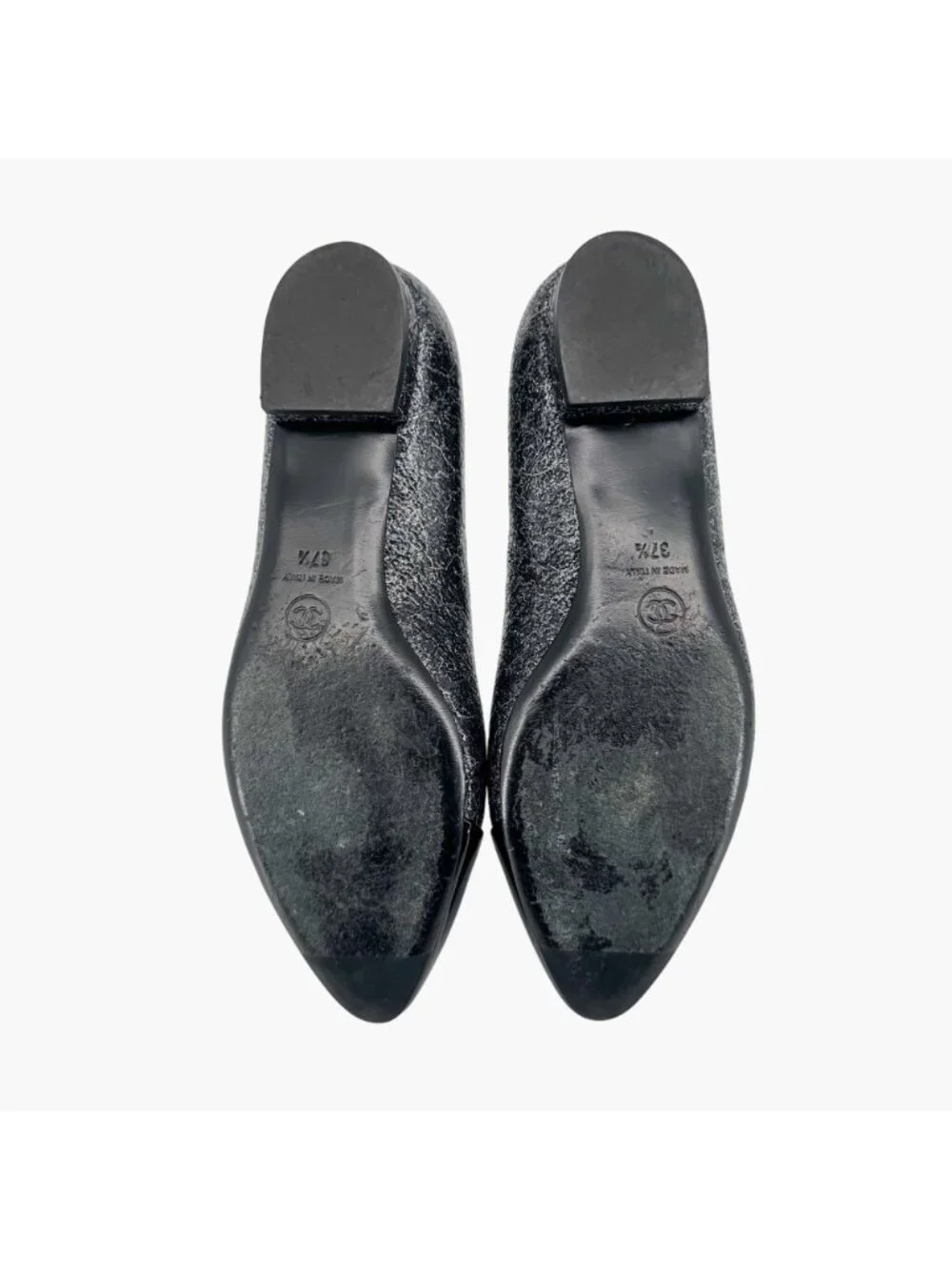 Chanel CC Cap Toe Ballet Flats Black Silver Leather Size 37.5 US 6.5–7 Women